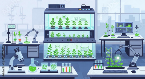 Indoor hydroponic laboratory with scientists working on plant growth and development using advanced technology and equipment