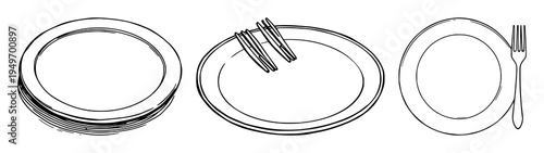 Plate and fork set with continuous linear design featuring plate, fork, dining, line art with vector and illustration and minimalist style