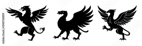 Griffin set with solid black silhouette and flat 2D vector design featuring mythological creature, heraldic theme, fantasy with beast and griffin emblem