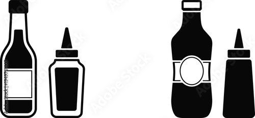 Condiment bottle silhouettes set, ketchup mustard sauce containers, plastic squeeze bottle and glass bottle icons, kitchen food packaging vector collection