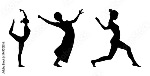 Yoga dancer set with solid black silhouette on white background featuring flexibility, balance, postures with silhouette and background
