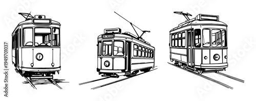 Streetcar set with sketchbook style illustration of an old‑fashioned streetcar isolated on white featuring black ink pen, vintage transit, line art with vector and illustration