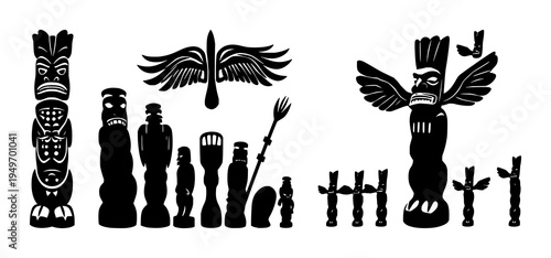 Maori Tiki statue set with solid black silhouette on white background featuring cultural heritage, indigenous art, outline design with silhouette and background