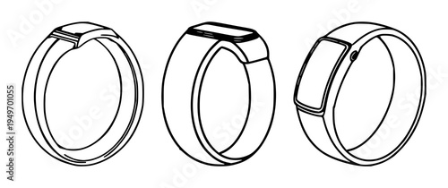 Smart ring set with minimalist line art design featuring a wearable health tracker, thin consistent stroke with innovation and technology