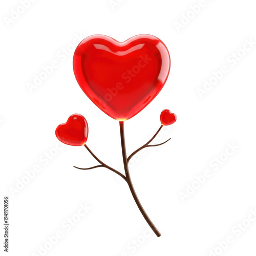 A vibrant and artistic depiction of a tree with heart-shaped leaves and flowers isolated on transparent background