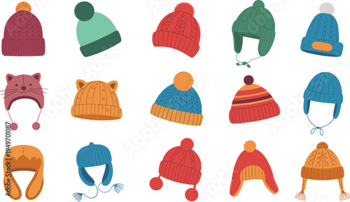 Collection of fifteen winter hats, knitted beanies, pom‑pom hats, ear flap designs, novelty animal face hats, seasonal fashion accessories