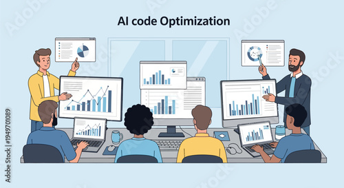 Diverse professional team of software developers and analysts collaborating on AI code optimization with data visualizations, bar graphs, and line charts on multiple screens.