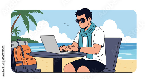 Flat vector illustration of a male digital nomad working on a laptop at a table on a tropical beach with palm trees, wearing sunglasses and a scarf, with an orange backpack nearby.