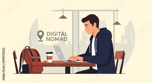 Flat vector illustration of a man working on a laptop in a cafe with a backpack, coffee, and city skyline view, including text that says digital nomad and a location pin icon.