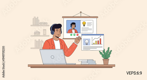 Vector illustration of a male entrepreneur wearing headphones at a desk with a laptop, presenting a digital business pitch featuring data charts and idea icons on virtual screens.