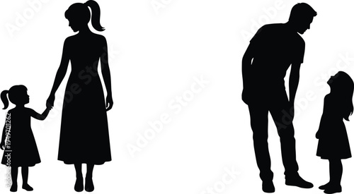 Parent and child silhouette family interaction mother daughter father girl standing talking vector illustration isolated parenting concept