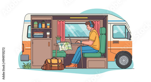 Vector illustration of a male digital nomad working on a laptop inside a converted camper van mobile office interior featuring a desk, map, shelves, storage, and wireless headphones.