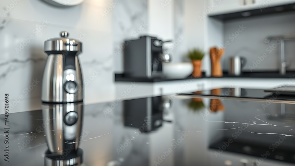 Fototapeta premium stainless. A sparkling clean kitchen counter with stainless steel appliances on black marble. lifestyle magazines, social media lookbooks, designed for lifestyle magazines and social media content.