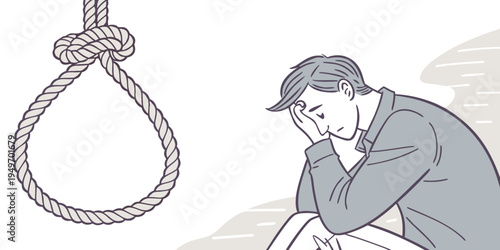 Pensive man sitting calmly below a heavy rope that is starting to fray and snap right above his head symbolizing imminent risk.