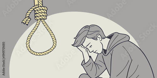 Pensive man sitting calmly below a heavy rope that is starting to fray and snap right above his head symbolizing imminent risk.
