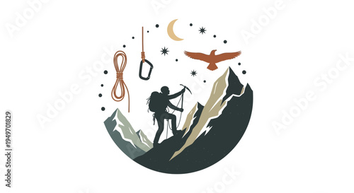 Mountain climber ascending peaks with rope carabiner and bird design