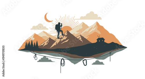 Mountain climber ascending peaks with sunset and equipment vector illustration