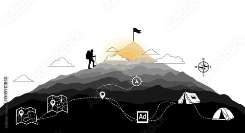 Mountain climber ascending towards success illustrated with maps and compass