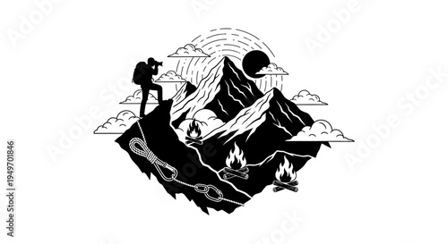 Mountain climber captures scene with camera silhouette vector illustration
