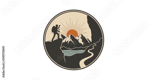 Mountain climber hiking toward the sun in a round emblem vector illustration
