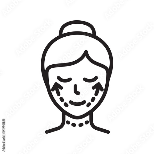 Woman with arrows on face and neck, linear icon. Lifting and anti-aging treatment. Line with editable stroke.