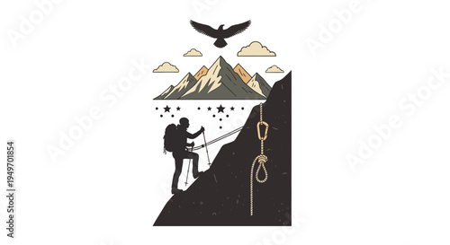 Mountain climber ascending with eagle soaring above outdoor adventure vector