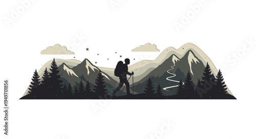 Hiker traversing mountain range vector illustration for outdoor adventures
