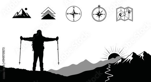Hiker with backpack and trekking poles silhouetted with mountain range icons
