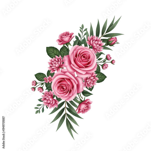 A beautiful bouquet of pink roses and greenery arranged in a diagonal pattern isolated on transparent background