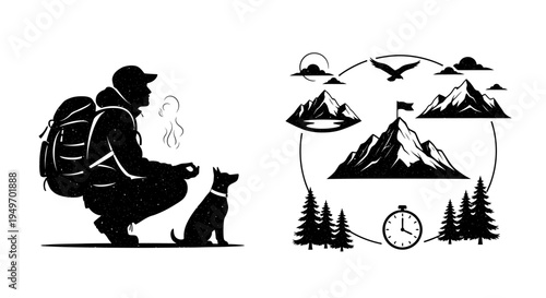 Hiker with dog and mountain landscape vector illustration for outdoors concept
