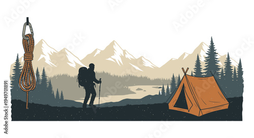 Hiker with backpack near tent and mountain range adventure illustration