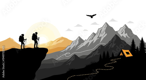 Hikers overlooking mountain vista vector illustration of adventure and nature