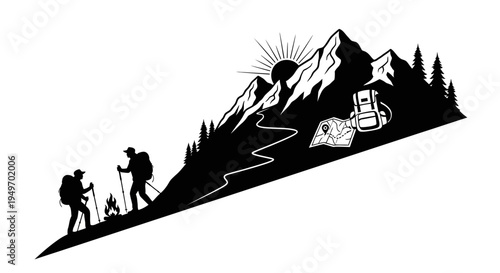 Hiking adventure silhouette with backpacks and mountain landscape vector