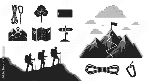 Hiking and mountaineering vector set with mountains and equipment