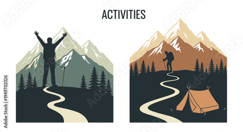 Hiking and camping silhouettes scenic mountain landscapes with outdoor activities