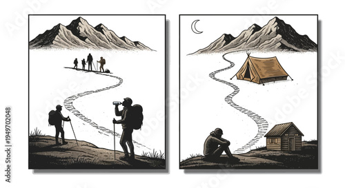 Illustrated journey depicting hiking path with mountains and camping scenes