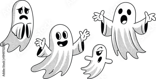 Cute cartoon ghost characters vector illustration set, spooky halloween spirits with funny expressions playful ghost mascot collection