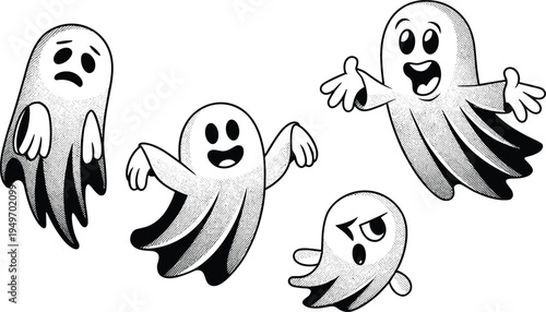 Cute cartoon ghost characters vector illustration set, spooky halloween spirits with different emotions funny ghost mascot collection