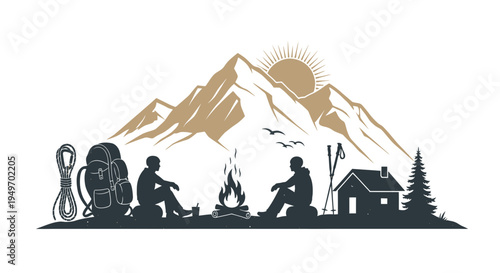 Mountain campsite scene with bonfire and silhouetted figures vector illustration
