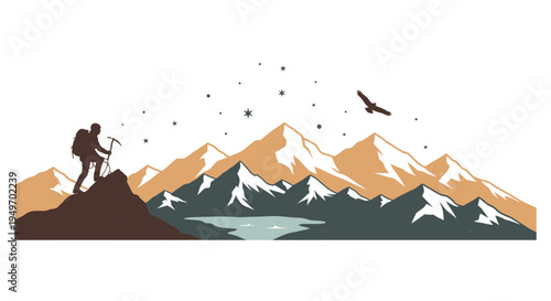 Mountain climber ascending peaks with eagle flying above landscape vector