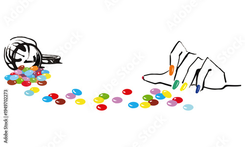 Marble chocolate illustration, colorful candy scattered on table, hand drawn sweet dessert concept