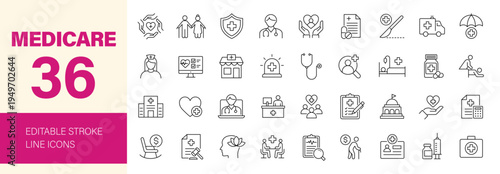 MEDICARE icon set. Editable line icons. Vector illustration.