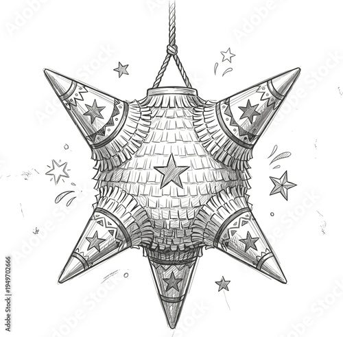 Hand-drawn illustration of a star-shaped piñata decorated with traditional patterns, suspended by a rope, ready to be hit at a party celebration