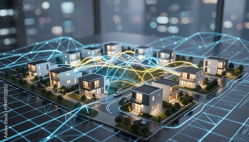 Futuristic smart housing community with digital network technology and illuminated architecture