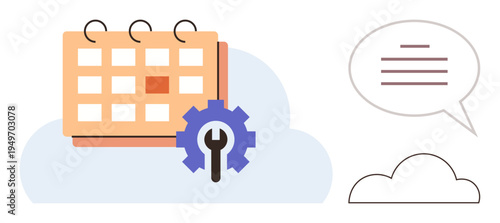 Time management, cloud computing, online scheduling, digital workflow, task organization, communication tools. A calendar with gear, cloud and speech bubble. Time management and cloud computing