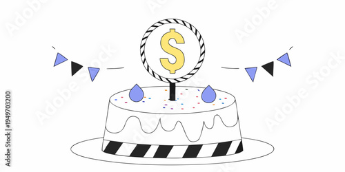 Large pink frosted cake with colorful sprinkles and a yellow dollar sign representing profit sharing or market share.