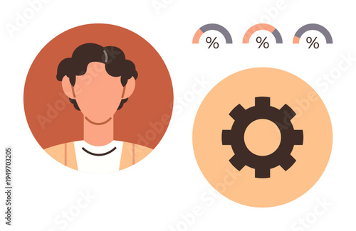 Personalization, data management, user profiles, settings, progress tracking, system adjustments. Minimalistic image with a person icon, gear and progress indicators. Personalization and data