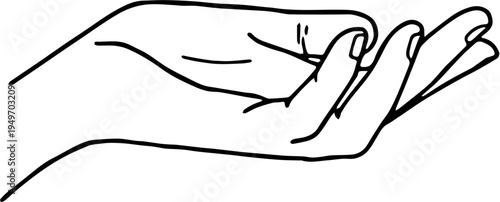 Open hand palm up line art illustration, cupped hand gesture for receiving or giving, minimalist vector sketch isolated on white background