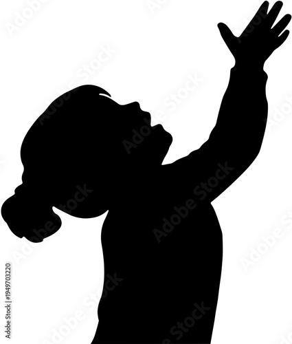 Silhouette of a little girl reaching up with hands raised isolated on white background