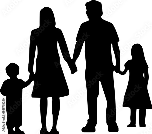 Happy family with two children holding hands and walking together silhouette isolated on white background